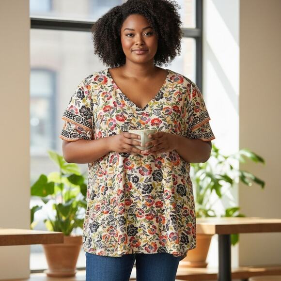 Cynthia Rowley Woman Floral Top Womens Size 2X Tiered-Sleeves Multicolor Flowy - Picture 9 of 9